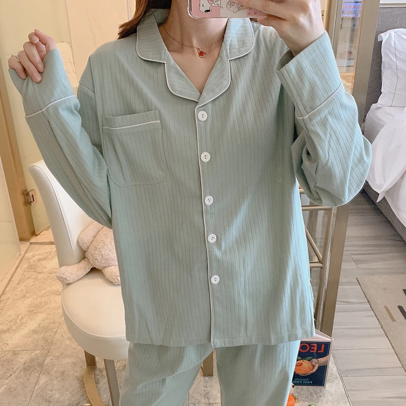 

Korean Style Pajamas Women Spring And Winter Long-sleeved Sleepwear Pure Cotton Simple Solid Color Cute Princess Homewear