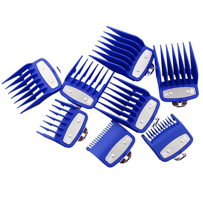 Blue-8pc set Mythus Металлическая машинка для стрижки волос, набор расчесок, Парикмахерская Машинка для стрижки волос, ограниченная расческа, насадка для стрижки, универсальная машинка для стрижки волос, защита в золотом цвете - Цвет: Blue-8pc set
