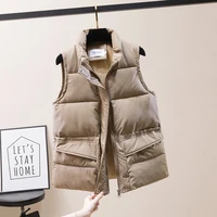 solid short style vest for women cotton padded womens winter sleeveless jacket with zipper stand collar casual coats