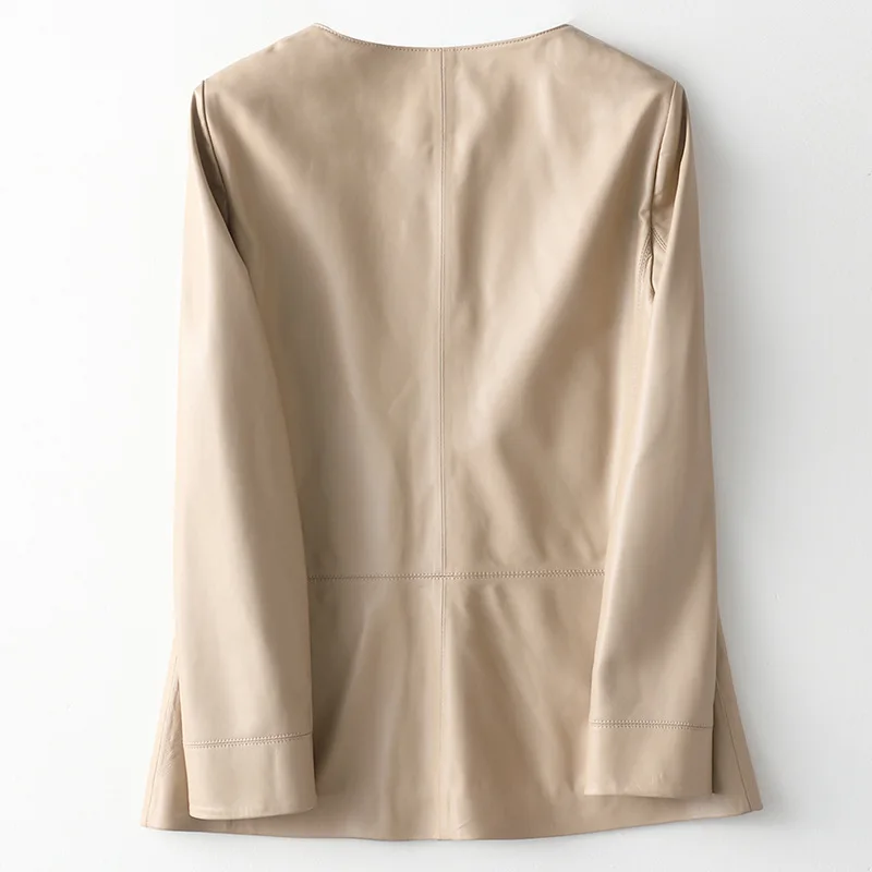 Spring Autumn Fashion New Sheepskin Jacket for Women Leather Casual Round Neck Khaki Sheath Short Covered Button High-end Coat