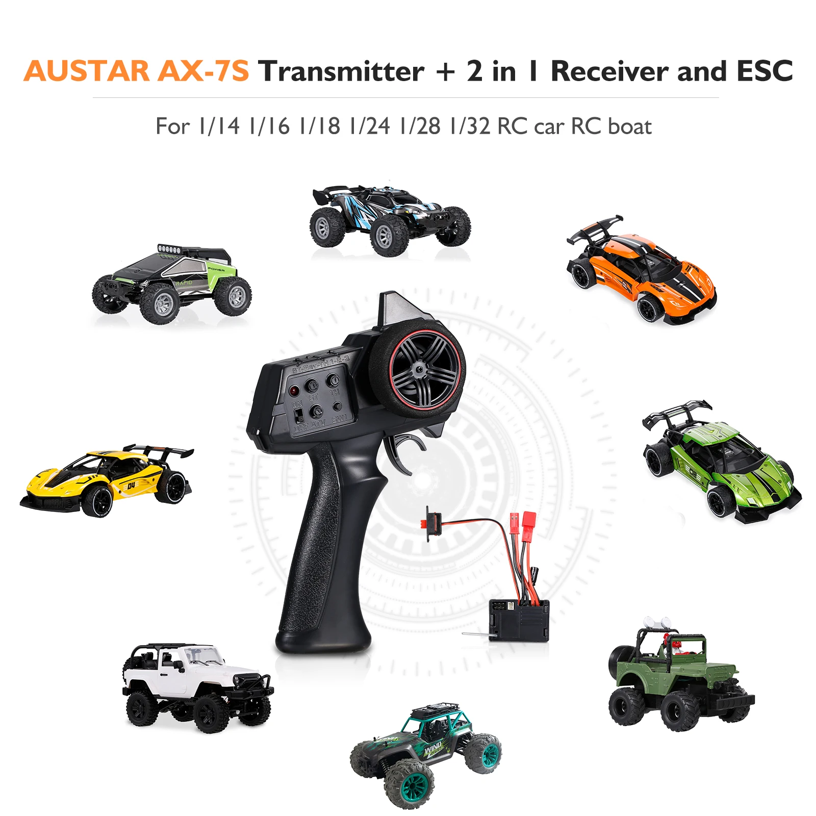 

AUSTAR AX-7S 2.4G 3CH Transmitter Remote Controller with 2 in 1 Receiver ESC for 1/14 1/16 1/18 1/24 1/28 1/32 RC Car RC Boat