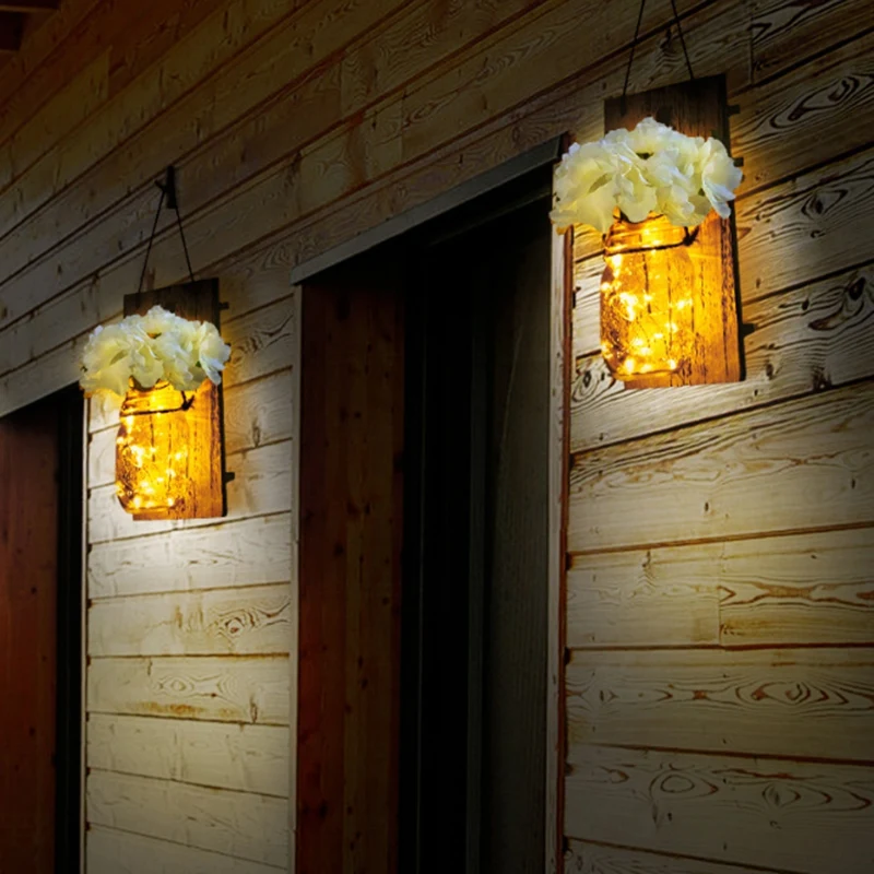 

Rustic Wall Sconces-Mason Jars Sconce Home Decor Wrought Iron Hooks Silk Hydrangea and LED Strip Lights Decoration
