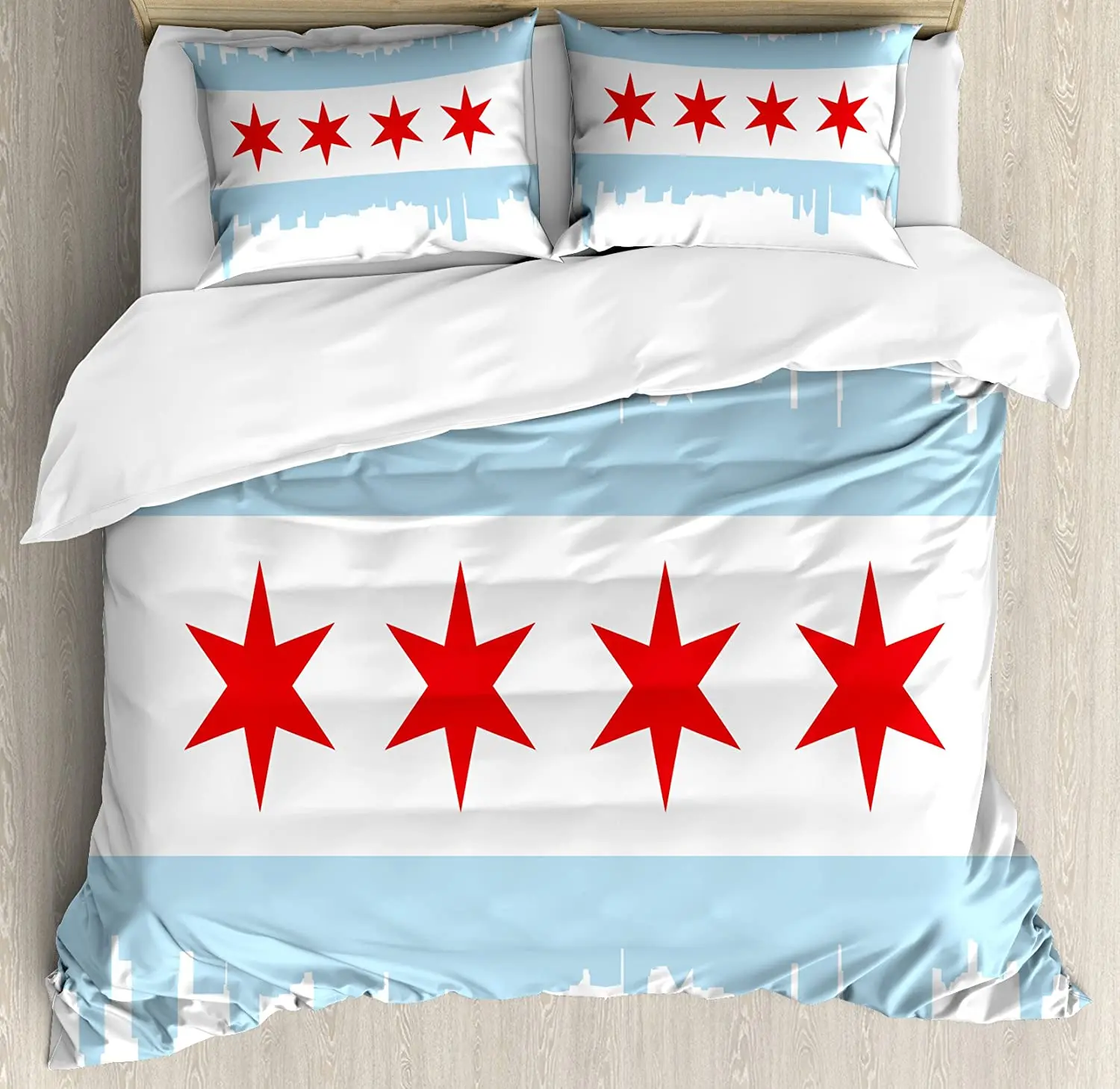

Chicago Skyline Duvet Cover Set Pillowcase City of Chicago Flag with High Rise Buildings Scenery National Bedding Set for Home