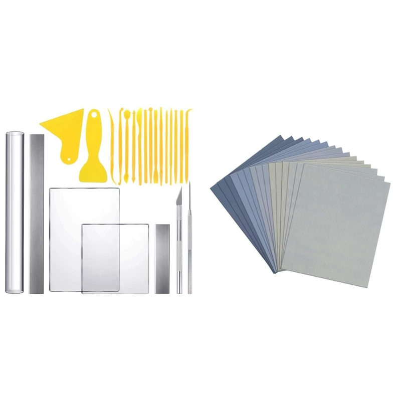 

15Pcs 9 x 11 Inch High Grit Wet and Dry Sandpaper & 23x Acrylic Clay Roller Clay Sheet Plastic Clay Scrapers Plastic