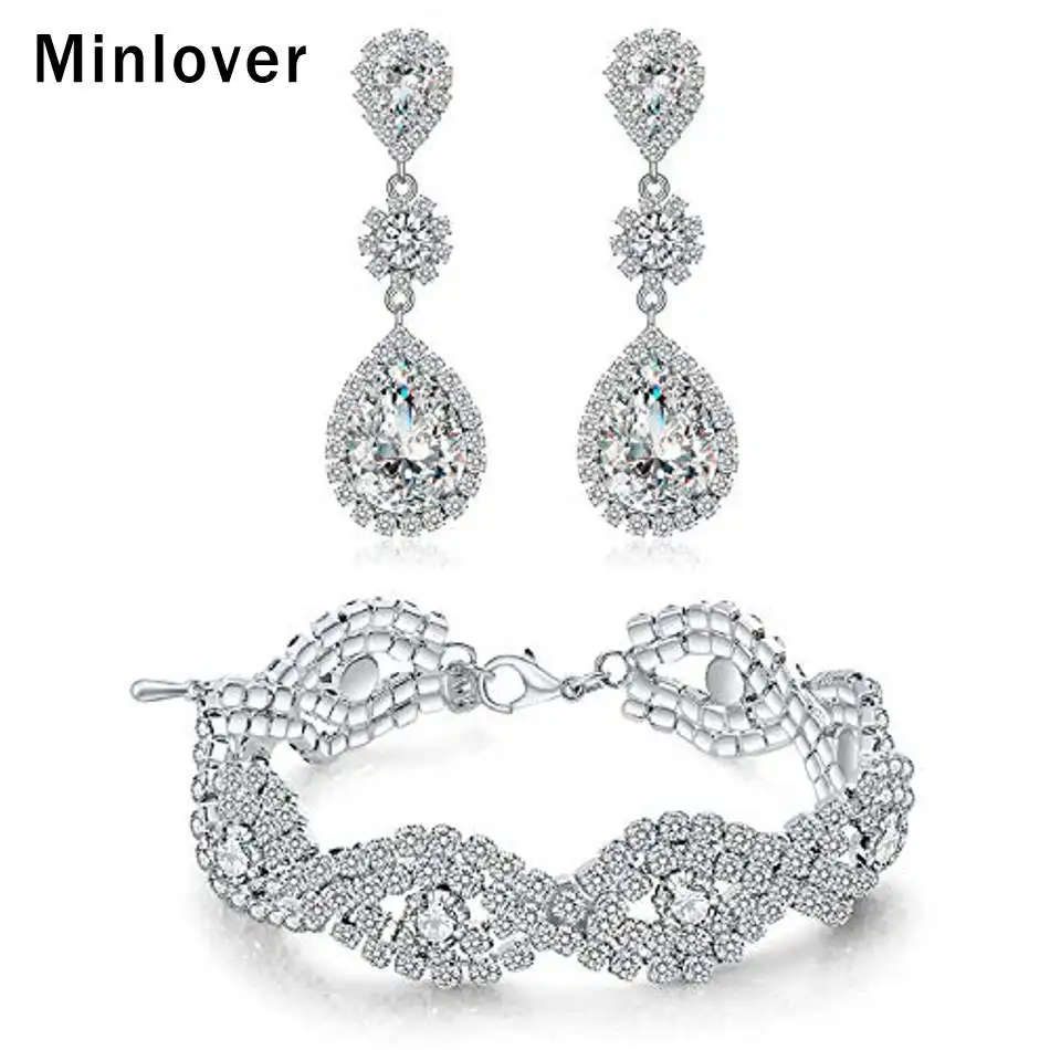 Женский свадебный комплект ювелирных изделий Minlover серебряные серьги браслет с