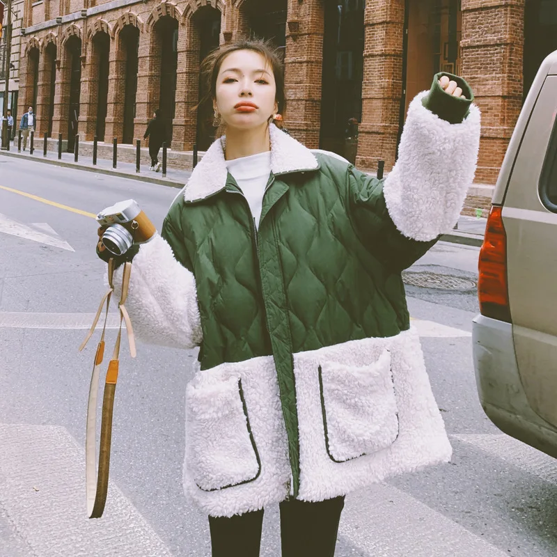 

Зимнее пальто из овечьей шерсти, женское, в Корейском стиле, с ромбовидным утеплителем, с прошивными карманами, повседневное, женское, хлопк...
