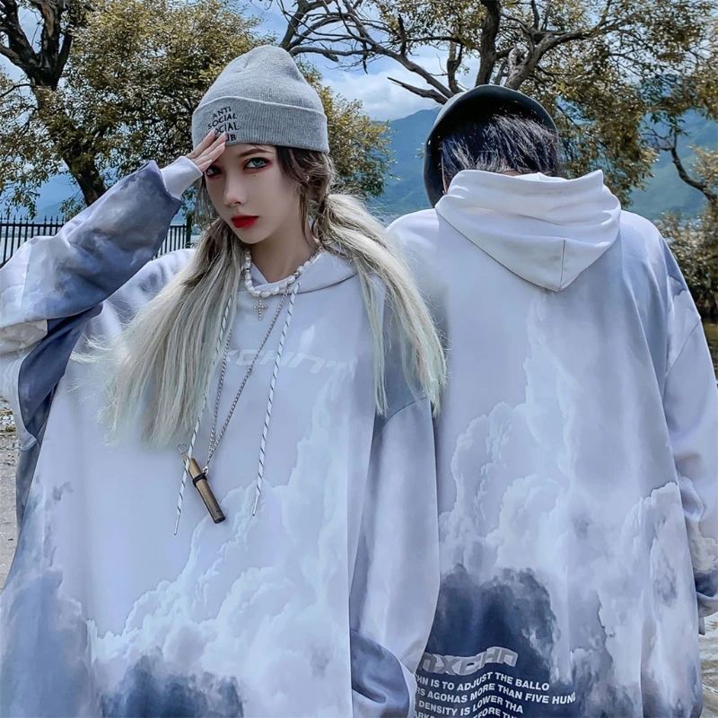 

Women Men Autumn Oversized Drawstring Hoodies Harajuku Tie-Dye Sky Printing Sweatshirt Long Sleeve Hip Hop Loose Pullover Tunic