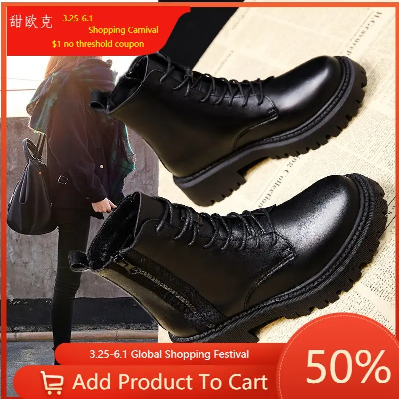 

2020 White Black PU Leather Ankle Boots Women Autumn Winter Round Toe Lace Up Shoes Woman Fashion Motorcycle Platform Botas