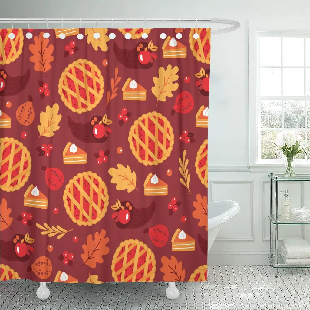 

Shower Curtain Thanksgiving Day Pumpkin Pie Cranberry Branches Cornucopia Oak Leaves Waterproof Polyester Fabric 72 x 78 inches