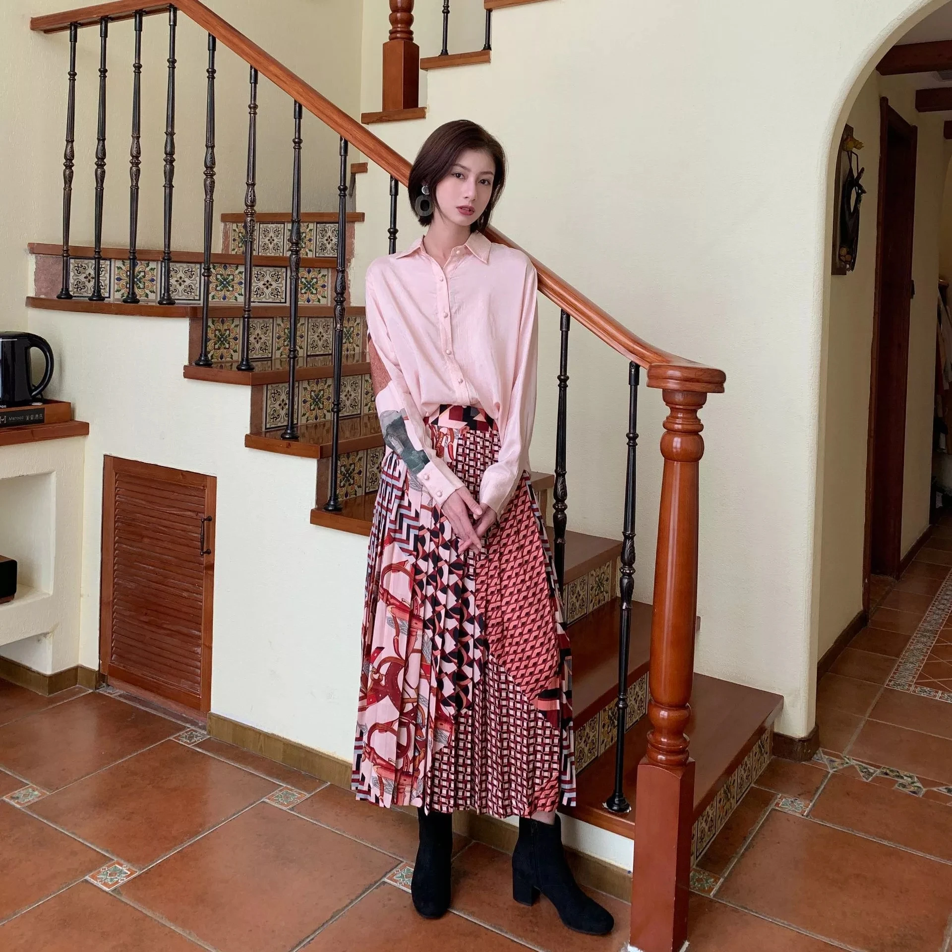 Винтажная шифоновая Женская юбка с высокой талией и геометрическими узорами