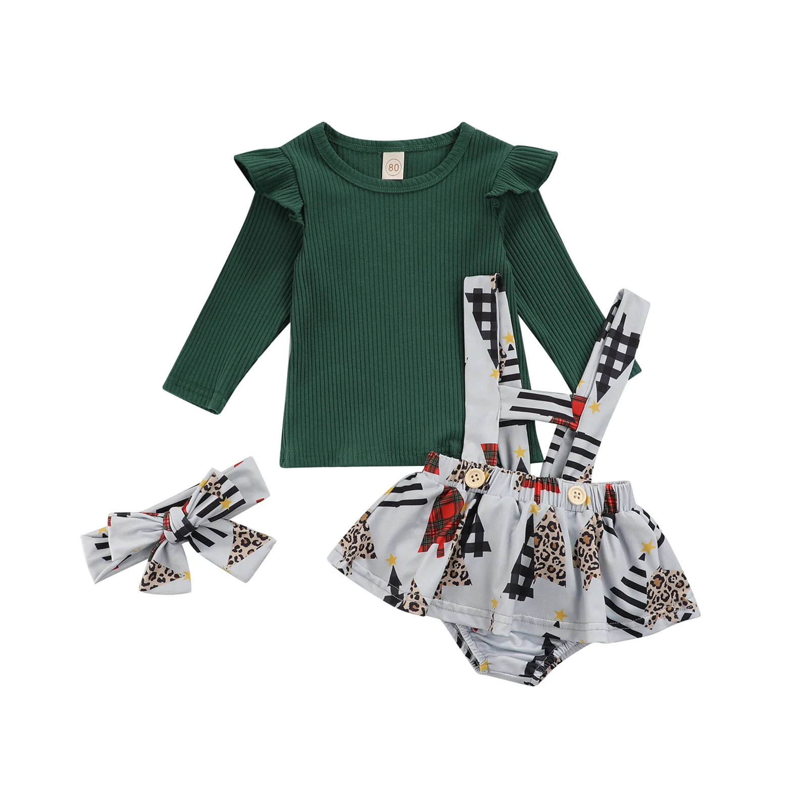 

2021 Autumn 3Pcs Baby Girls Christmas Outfits, Long Sleeve Rib Knit Tops + Cartoon Suspender Skirt + Headband Set