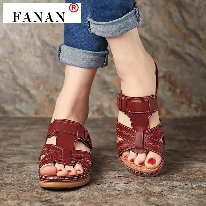 

2021 Summer Women Wedge Sandals Premium Orthopedic Open Toe Sandals Vintage Anti-slip Leather Casual Female Platform Retro Shoes