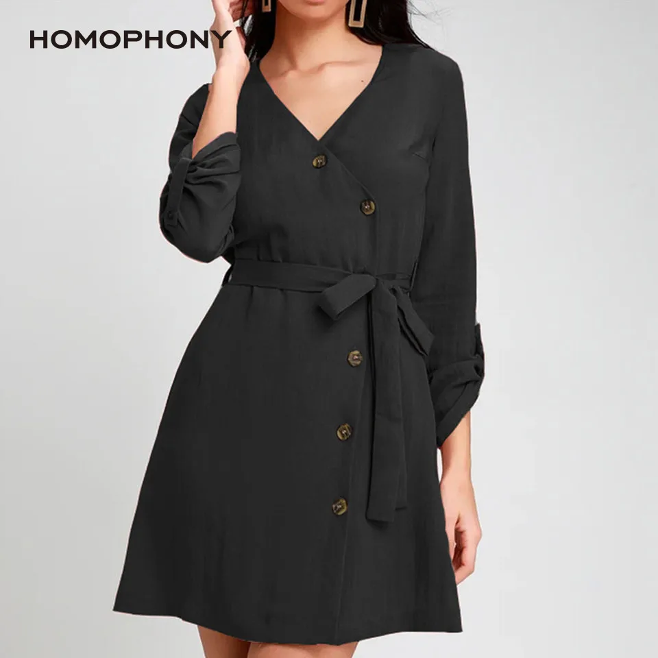 

HOMOPHONY Women Dress Long Sleeve Sexy V-Neck Button Front Spring Autumn Solid Dresses A Line Office Ladies Dress Plus Size