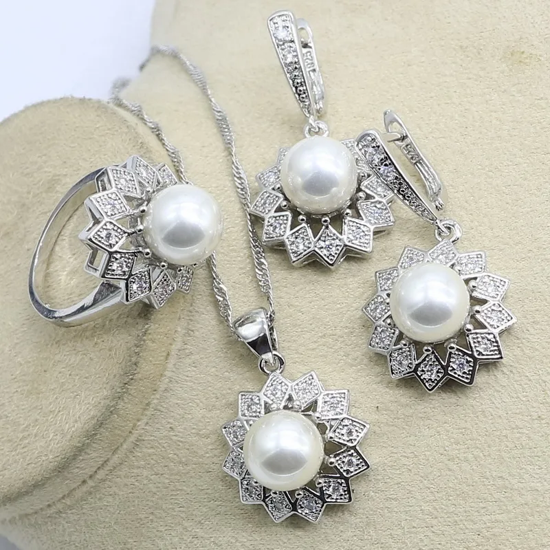 Ювелирные наборы с белым жемчугом и серебром колье серьги кольцо подвеска