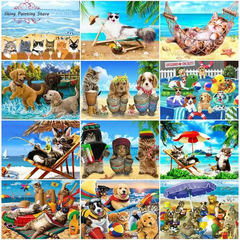 

5D DIY Diamond Embroidery Dogs and Cats Beach Enjoy Summer Cross Stitch Kits Seaside Scenery Diamond Painting Mosaic Decoration