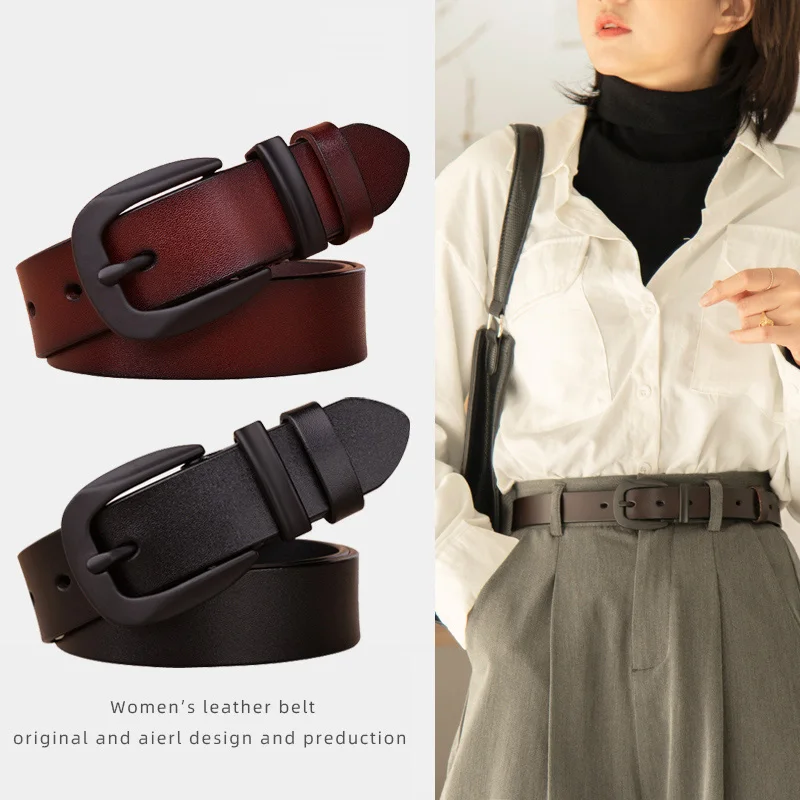 

High quality light black buckle genuine leather belt Luxury designer belts for women Jeans cowskin fashion Strap female