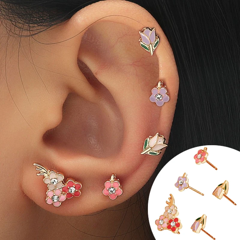 

5Pcs Korean Enamel Flower Small Mini Earrings Set For Women 2021 New Fashion Enamel Statement Earrings Set Girl Jewelry