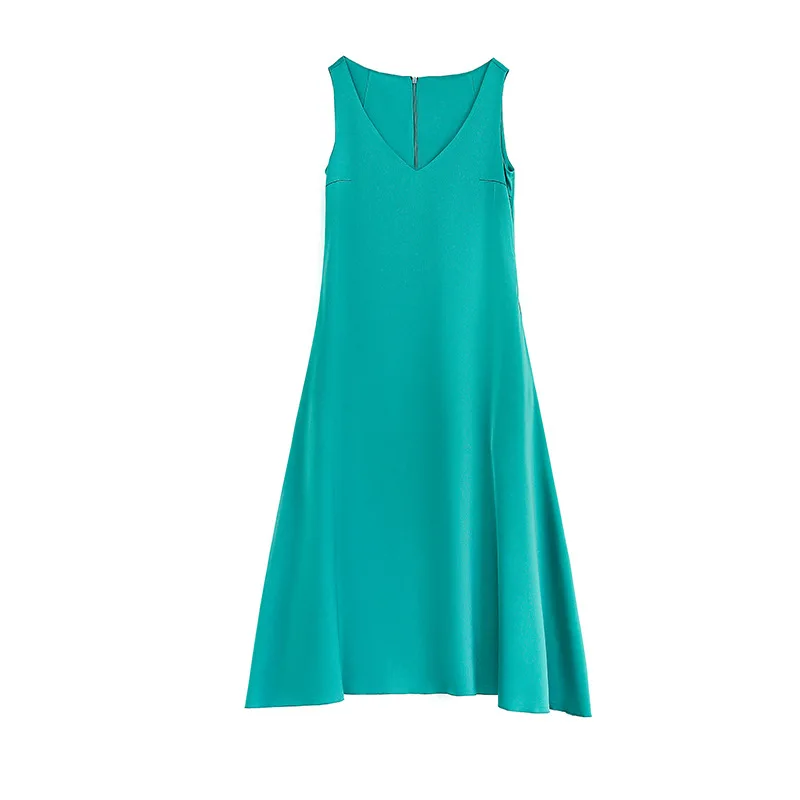 

CHOHILL Basic Store Summer Silk Satin Dress Women's Dress Solid Color Tank Dress Plus Size Spaghetti Strap Dress Green Dress