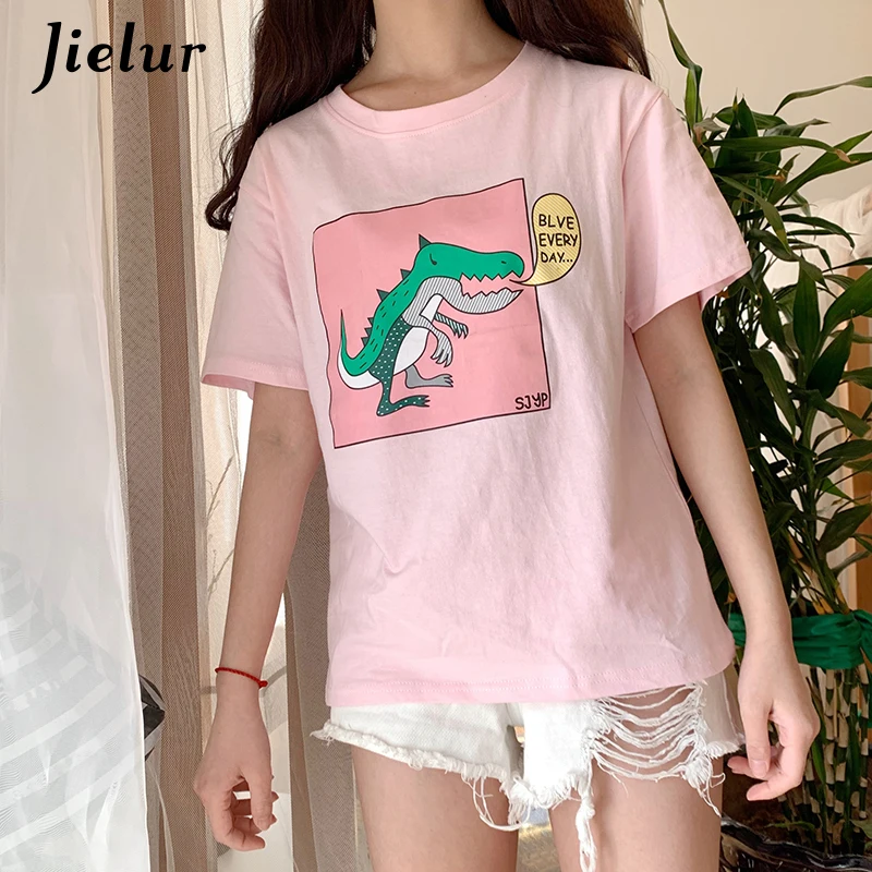 Jielur Women T-shirt Summer O-neck Cartoon Printed Casual Blusas Ladies Cute Tee Tops White Femme Korean Streetwear T Shirt 2021 | Женская