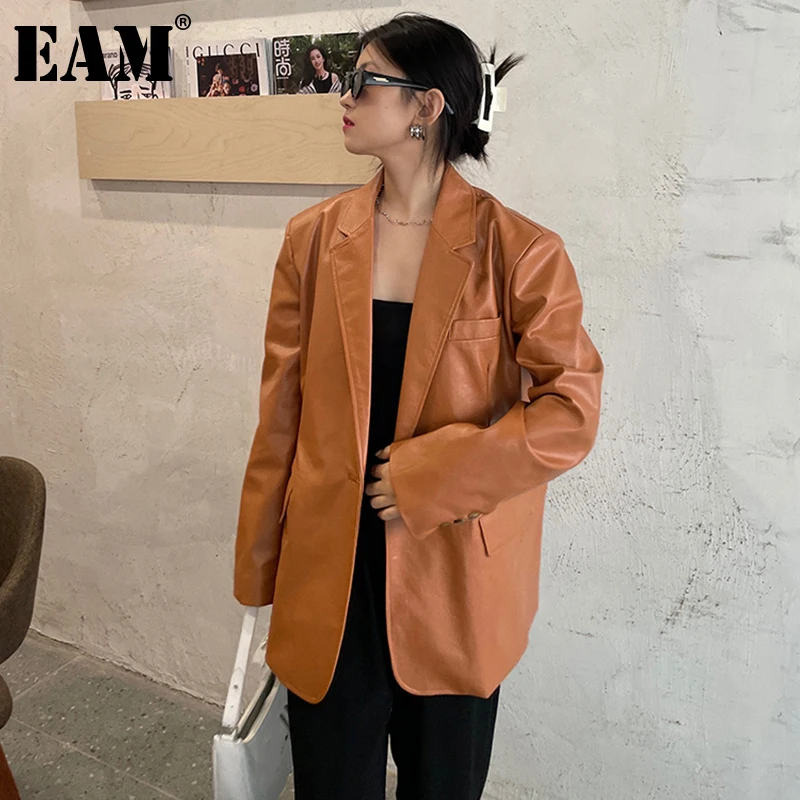 

Женская куртка из искусственной кожи EAM, коричневая Свободная куртка с отложным воротником и длинным рукавом, большой размер, весна-осень 2021...