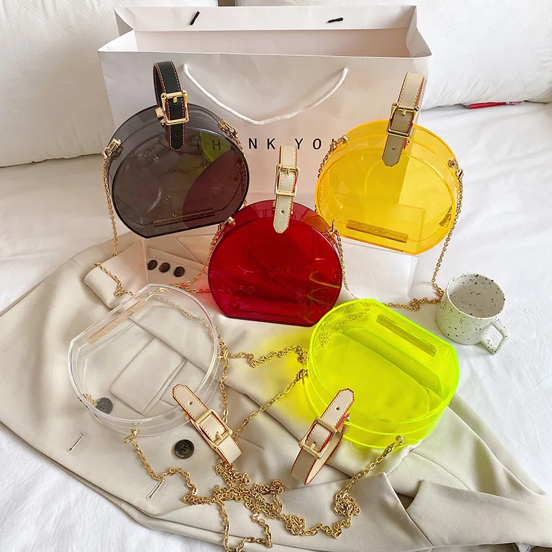 

New Solid Acrylic Jelly Crossbody Bag Ladies Transparent Mini Round PU Chain Shoulder Handbag Women Clear PVC Brand Luxury Purse