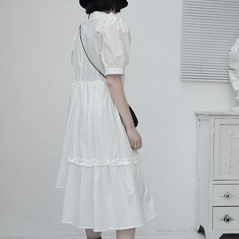 

Elegant White Asymmetrical Dress For Women O Neck Puff Short Sleeve Minimalist Midi Dresses Female 2021 Fashion New