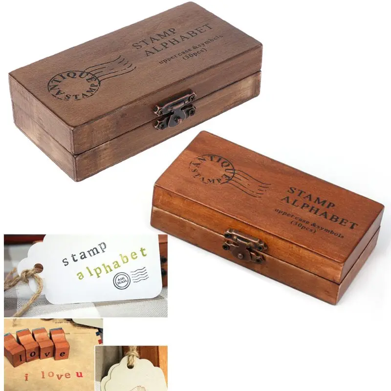 

30pcs Retro Alphabet Letter Uppercase Lowercase Wooden Rubber Stamp Set Craft Q1QC