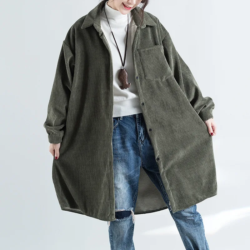 Женское вельветовое пальто длинное однобортное Свободное с отложным воротником