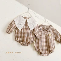 boys and girls baby triangle romper brother and sister cartoon plaid smiley lapel bodysuit 2022 spring new korean style cotton