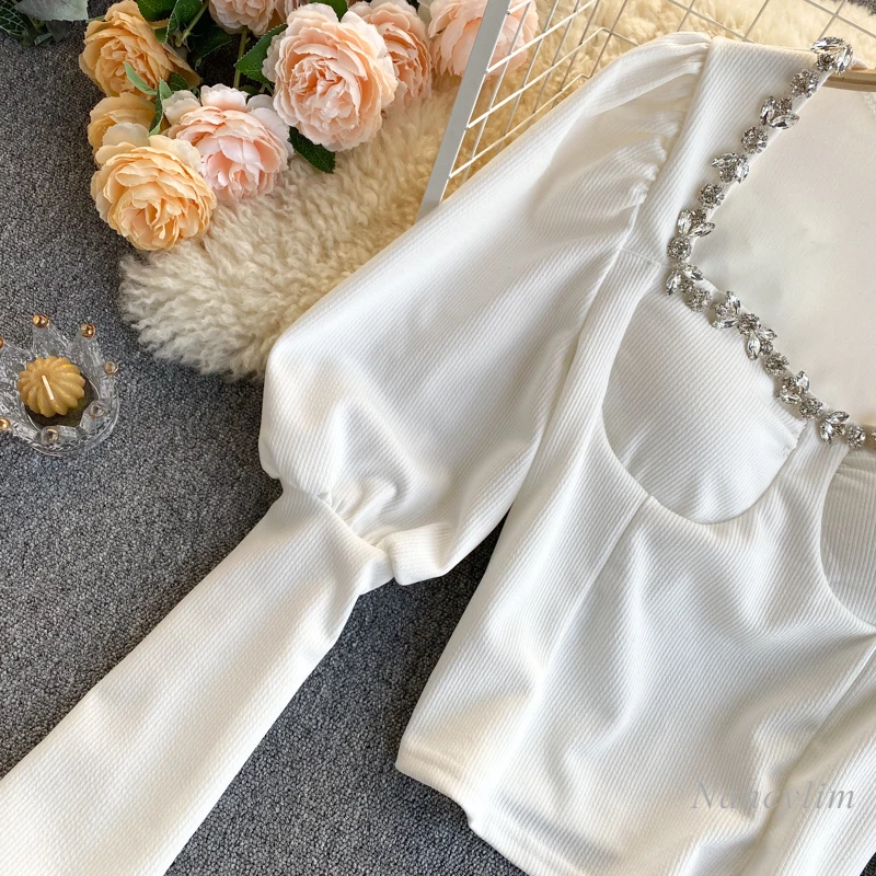 

Sexy Elegant Top Women's Retro Rhinestone Square Collar Slimming Short Shirt Lady Crop Top White Black 2021 Nancylim Lady Blusa