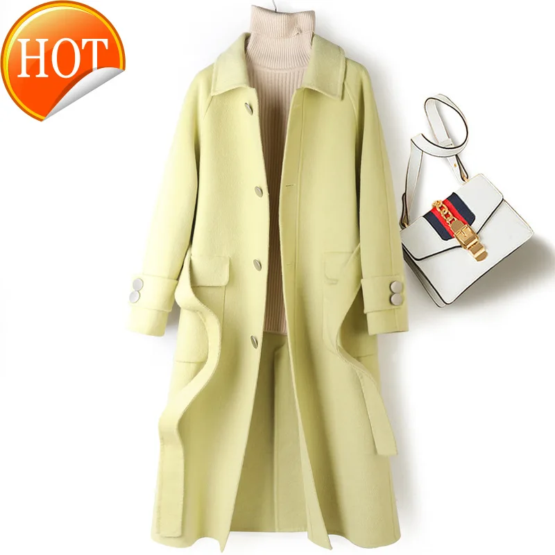 

wool Winter 90% 2020 light new yellow woollen jacket single breasted double faced cashmere coat over the knee