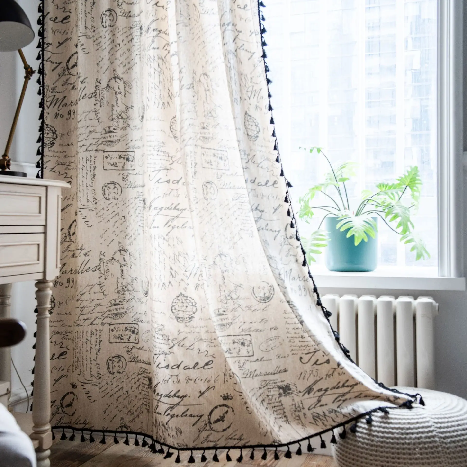 

American Style Creative Letter Printed Tessel Window Curtains Half Blackout Curtains Drape Linen Fabric Curtains For Living Room