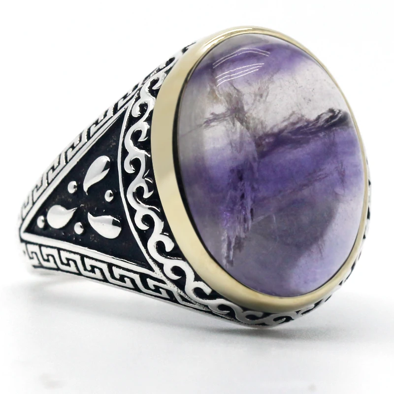 Винтажное мужское кольцо с флюоритом искусственное серебристое фиолетовое