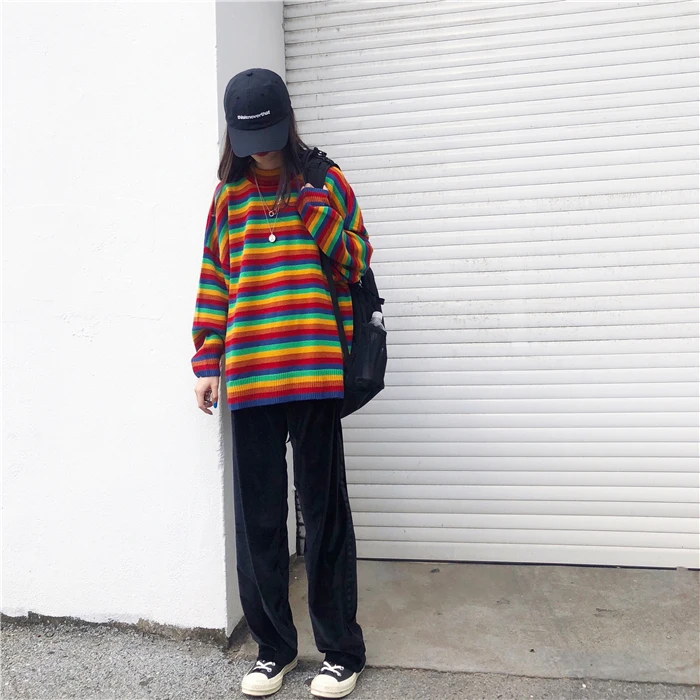 Women's Knit Sweater Loose Stripe Sweaters Long Sleeve Color Womens Pullover Japanese Kawaii Clothing Winter Clothes for Women | Женская