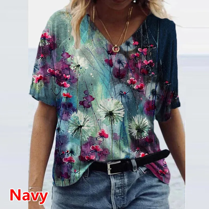 

Graphic T-Shirts Women Summer 3D Flower Print V-Neck Short Sleeve Tee Shirts Casual Loose Oversized T-Shirt Y2K Top Plus Size