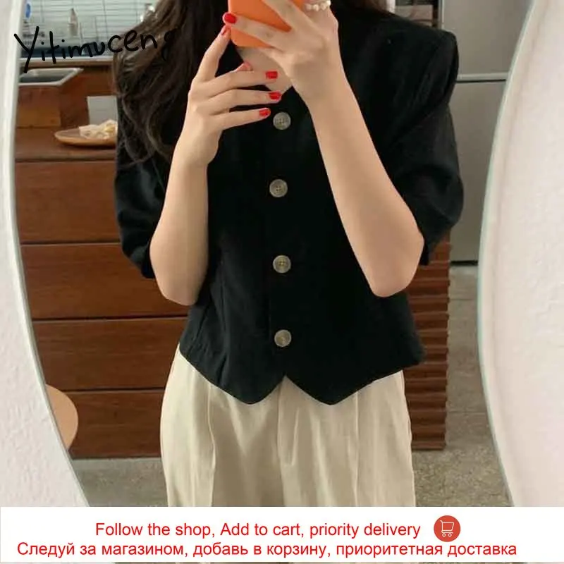 

Yitimuceng Casual Shirt Women Office Lady Tops Button Up Korean Fashion Blouse Apricot Blue Black Short Puff Sleeve 2021 Summer
