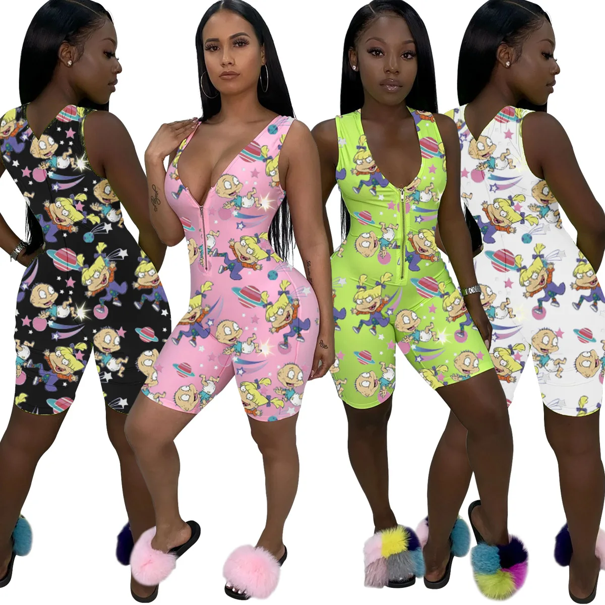 Женский летний Модный повседневный комбинезон без рукавов с принтом и V образным