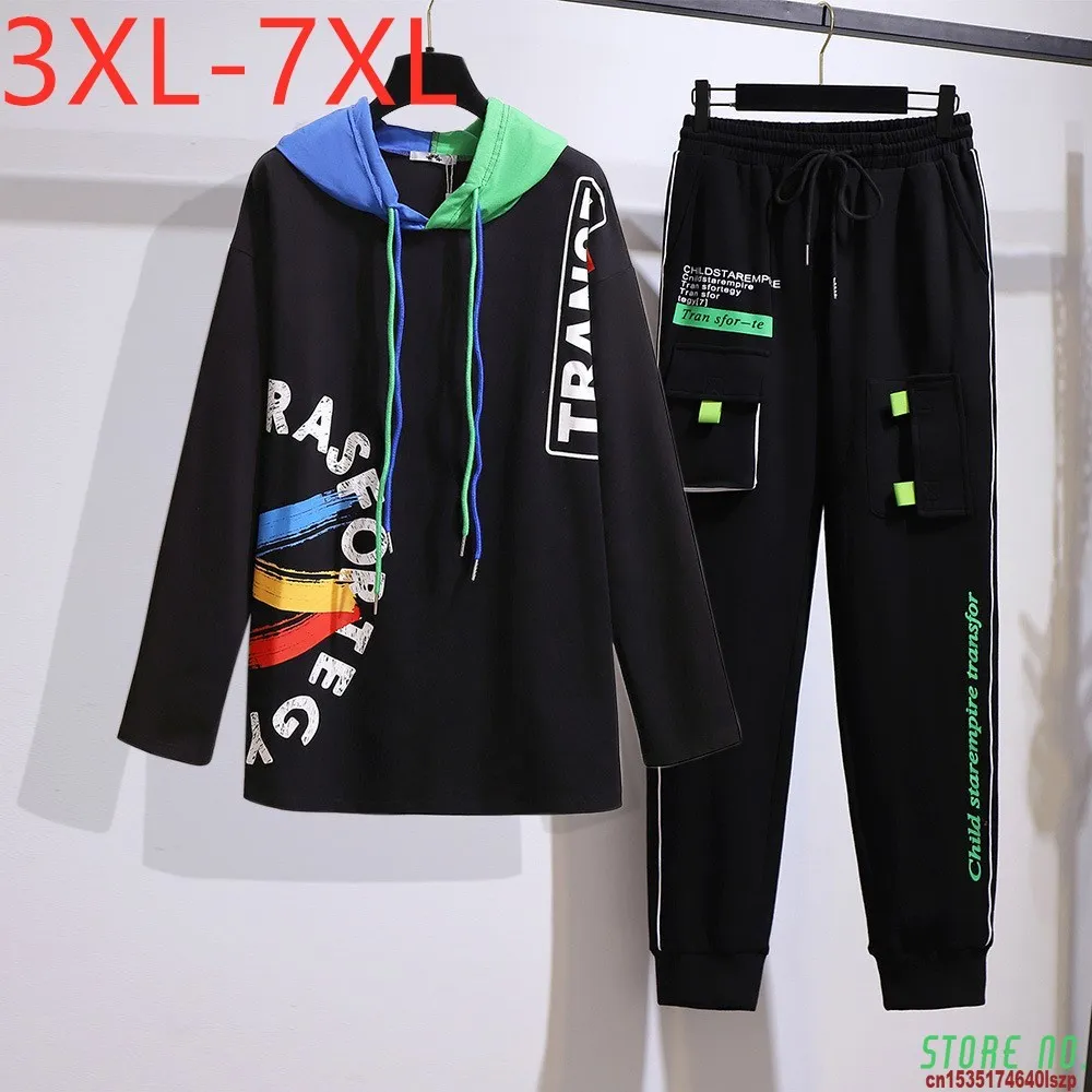 

New Ladies Autumn Winter Plus Size Sports Sets For Women Large Print Black Hoodie And Long Pants Training Suit 4XL 5XL 6XL 7XL