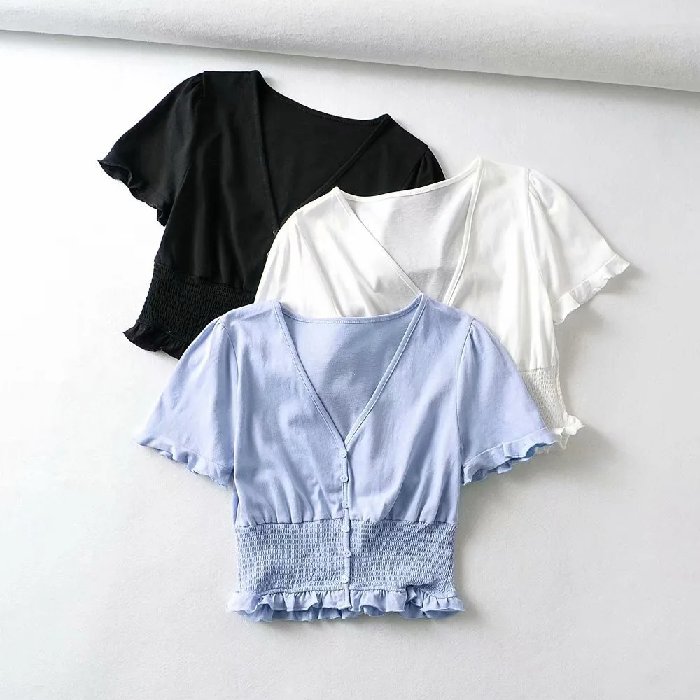 

Women T-shirt Casual V-neck Short Sleeve Ruffle Elastic Wasit Single Breasted Sheath Cardigan Streetwear Elegant Solid Soft Top