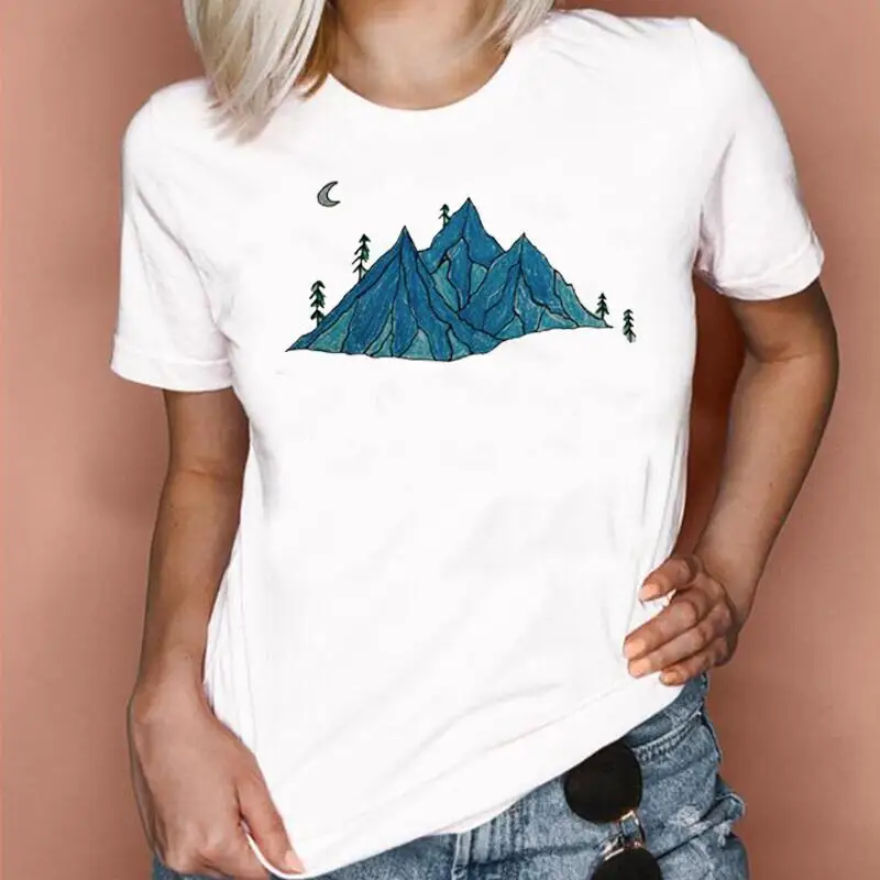 

Повседневная хлопковая футболка, женские топы, модная мультяшная Футболка с принтом природных пейзажей, рубашка в стиле Харадзюку, летняя ф...