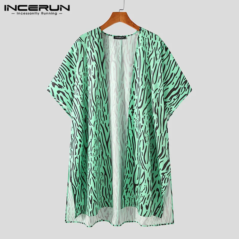 

INCERUN Summer Printed Cardigan Shirts Men Short Sleeve Open Stitch Blouse Loose Hem Splitted Camisa Man Irregular Floral Tops