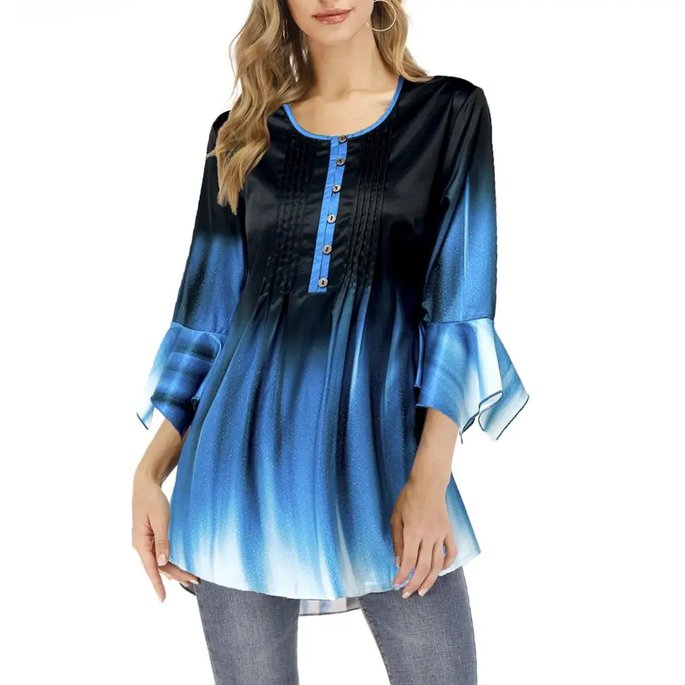 

5xl Large Size 3d Gradient Print Button Shirts Women 2020 Autumn O-neck Ruffles 3/4 Sleeve Top Female Casual Loose Blouse Shirts