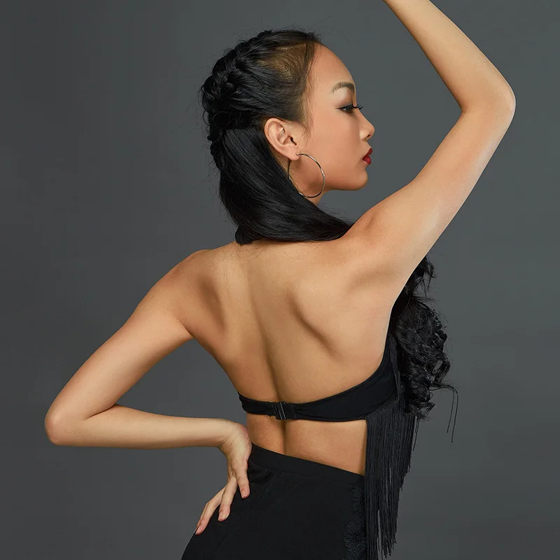 

Sexy Latin Dance Tops For Women Short Halter Backless Fringed Vest Practice Clothes Chacha Samba Latin Dance Costumes DN8468