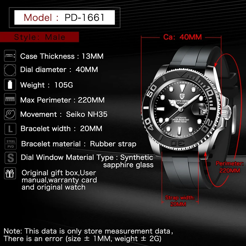 

PAGANI DESIGN 40mm Men Watch Rubber strap Luxury Automatic Mechanical Wrist Watch Men 100m Waterproof Watches Relogio Masculino