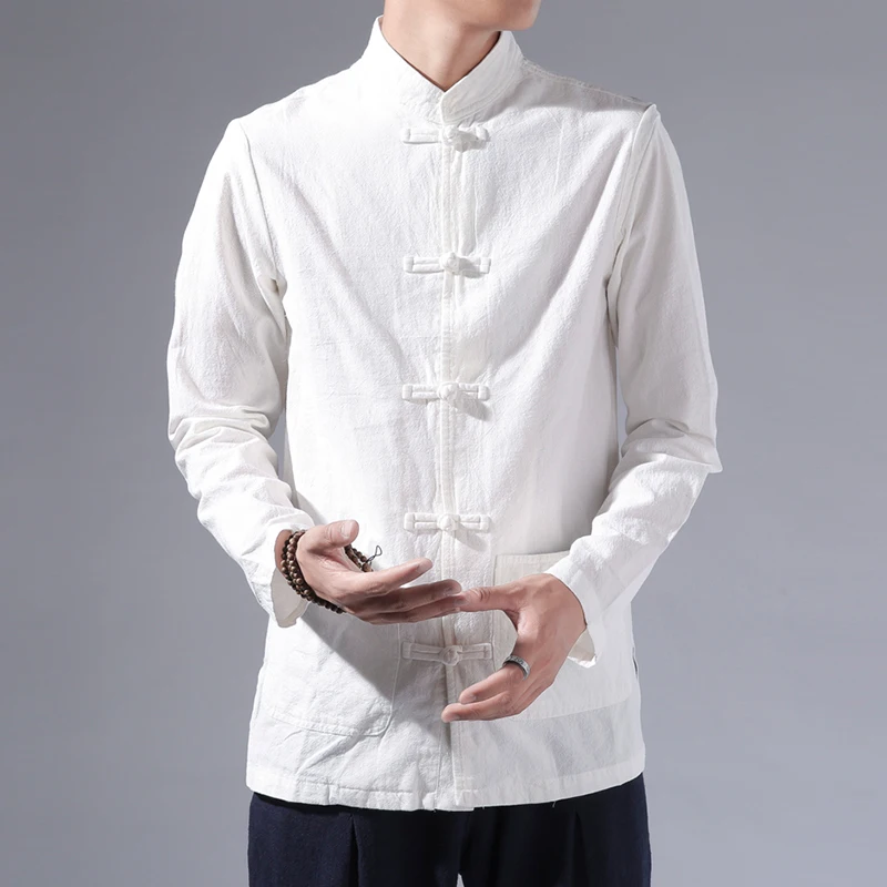 2020 Chinese Style Retro White Long Sleeve Shirt Men Clothing Harajuku Stand Collar Top Plus Size Casual Tang Suit 5XL Male | Мужская