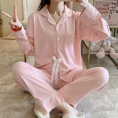 Simple Cardigan Women's Pajamas Set Pure Color Casual Female Pajamas Winter Thick Warm Nightwear Cotton Women Cute Bow Sleepwear