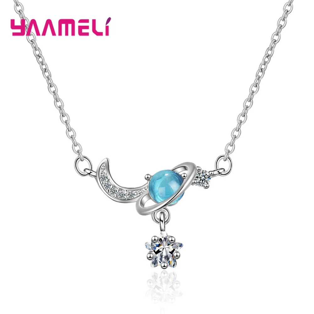 

Trendy Crystal Chain Necklace for Women 925 Sterling Silver Blue Fantasy Universe Planets Pendant