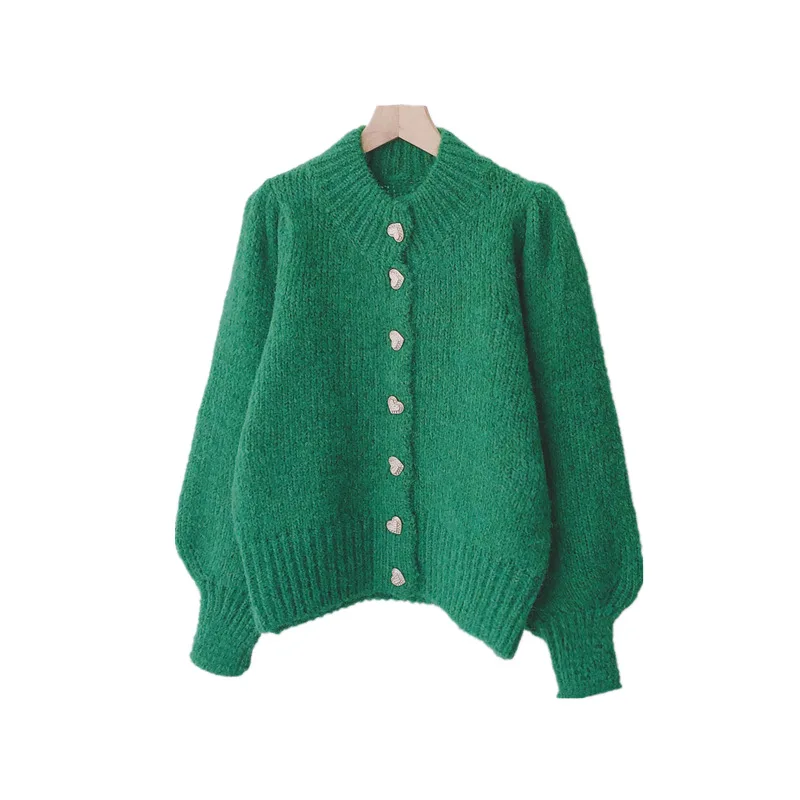 

Jane Deiune 2021 Spring Autumn Women Vintage Solid Knitted Cardigan Diamond Heart Button Puff Sleeve Sweater Coat Thicken Warm