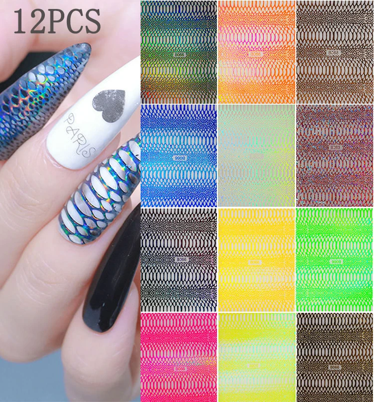 

12Pcs Snake Pattern Nail Stickers Laser Hollow Gold Silver Slider for Nails Sticker Decals for Manicure 3D Strip Line Sticker