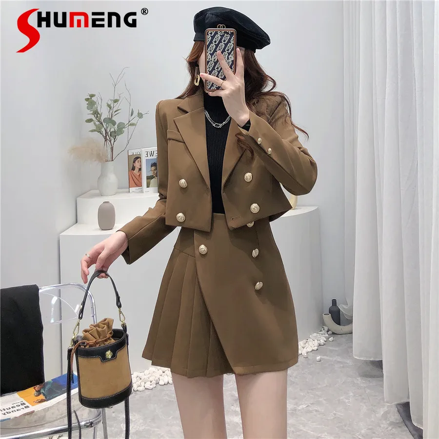 

Women's Office Skirt Outfit 2021 Autumn and Winter New Short Suit Coat High Waist Pleated A- Line Skirts Suit Two-Piece Set